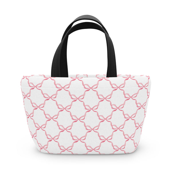 Preppy Pink Bows lunch bag, insulated, cooler bag, One size, washable, magnet closure, Choose White or Black Handle