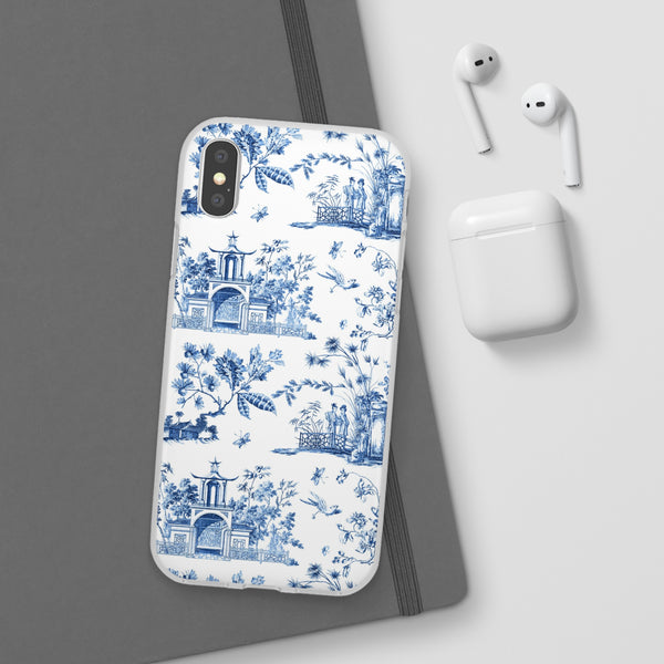 Flexible Phone Case - Chinoiserie Blue and White Toile Pagoda iPhone Samsung, White Background with Blue Toile Pattern