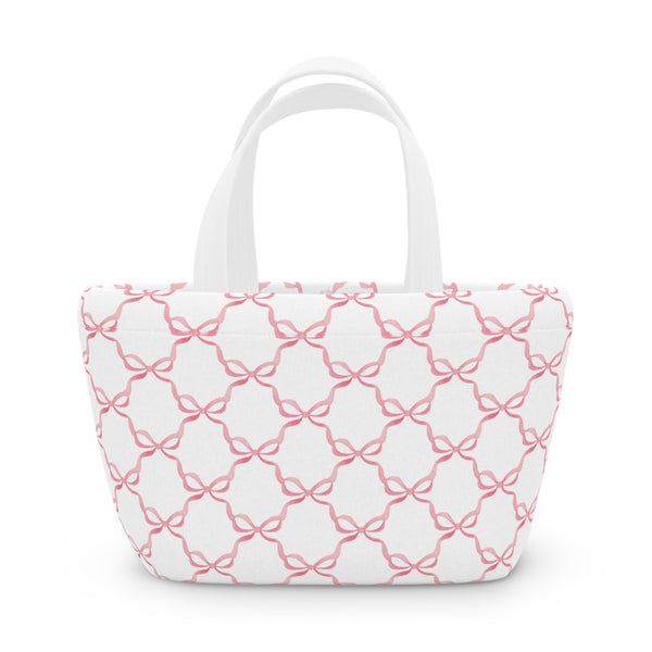 Preppy Pink Bows lunch bag, insulated, cooler bag, One size, washable, magnet closure, Choose White or Black Handle