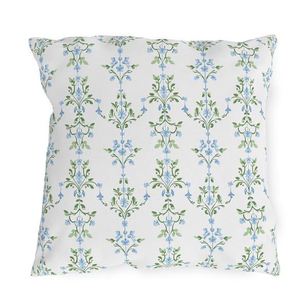 Blue Preppy Floral Outdoor Pillows, Grand Millennial Design, Block Print, Patio Cushion Covers, Choose from 4 Sizes
