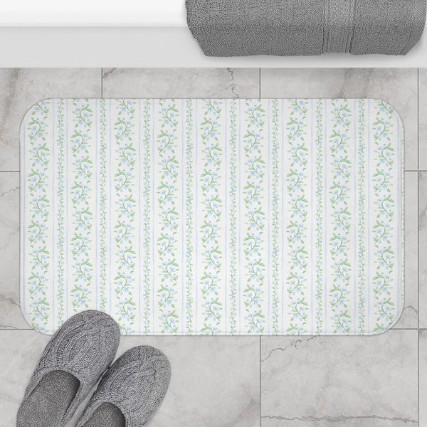 Bath Mat Chinoiserie Stripes Blue + Green , Two Sizes, anti-slip back