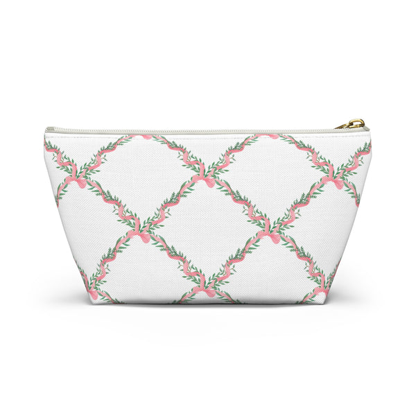 Zipper Pouch, Preppy Lattice Pink Bows - Accessory Bag Available in Two Sizes
