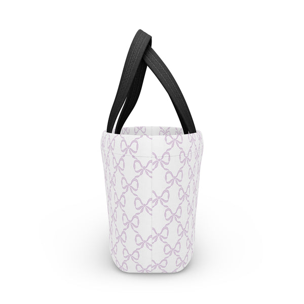 Preppy Lavender lunch bag, insulated, cooler bag, One size, washable, magnet closure, lilac, purple bows