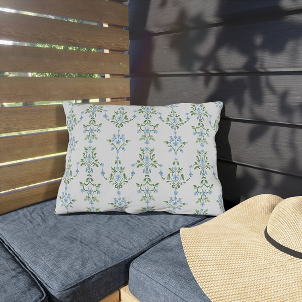 Blue Preppy Floral Outdoor Pillows, Grand Millennial Design, Block Print, Patio Cushion Covers, Choose from 4 Sizes