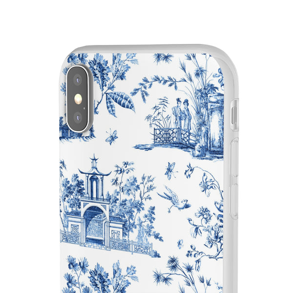 Flexible Phone Case - Chinoiserie Blue and White Toile Pagoda iPhone Samsung, White Background with Blue Toile Pattern