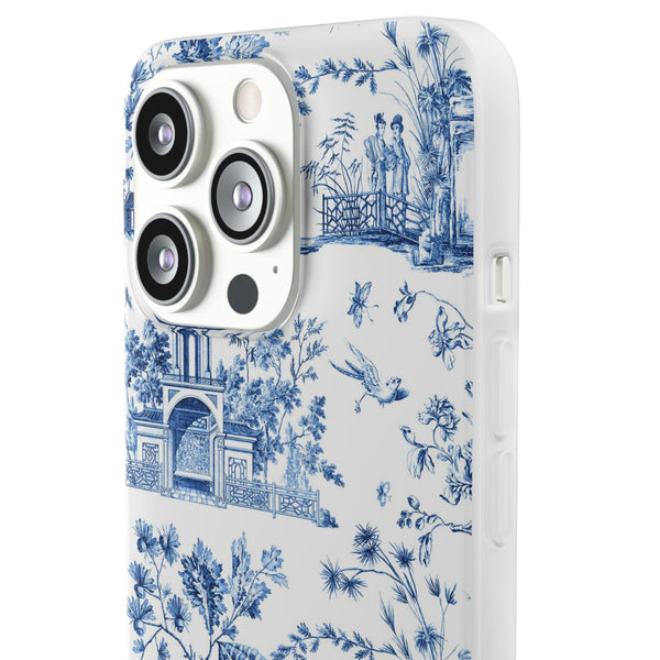 Flexible Phone Case - Chinoiserie Blue and White Toile Pagoda iPhone Samsung, White Background with Blue Toile Pattern