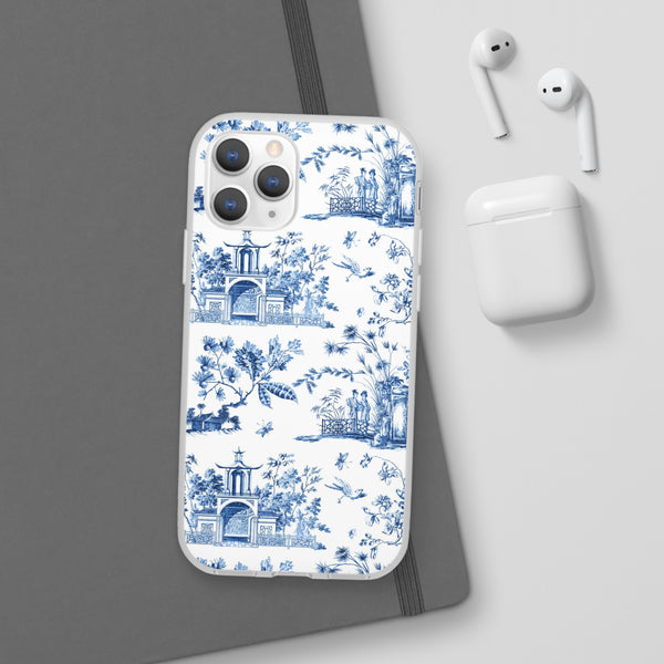 Flexible Phone Case - Chinoiserie Blue and White Toile Pagoda iPhone Samsung, White Background with Blue Toile Pattern