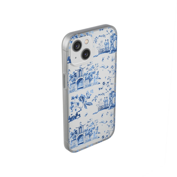 Flexible Phone Case - Chinoiserie Blue and White Toile Pagoda iPhone Samsung, White Background with Blue Toile Pattern