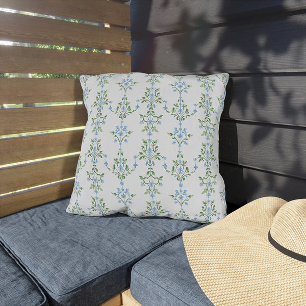 Blue Preppy Floral Outdoor Pillows, Grand Millennial Design, Block Print, Patio Cushion Covers, Choose from 4 Sizes