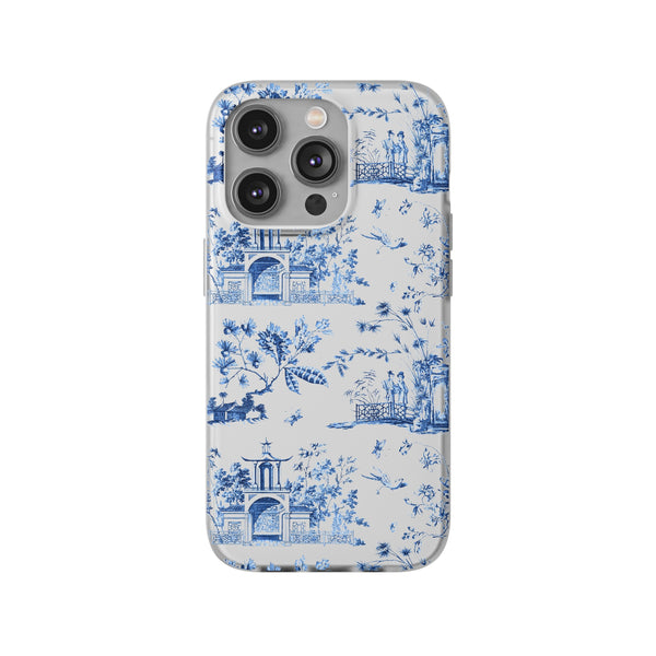 Flexible Phone Case - Chinoiserie Blue and White Toile Pagoda iPhone Samsung, White Background with Blue Toile Pattern