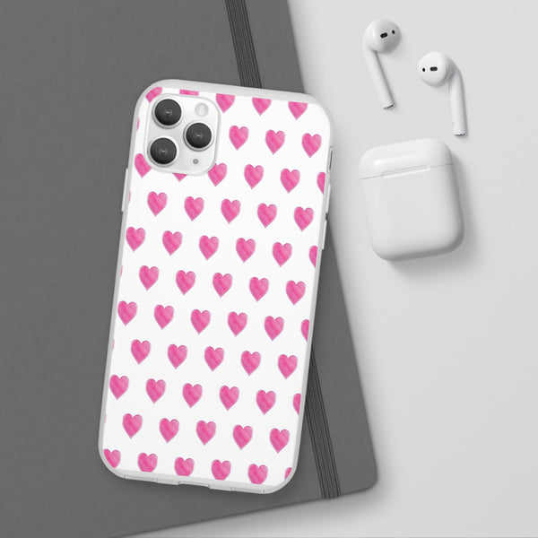 Flexible Phone Case - Preppy Hearts Watercolor Pink - Clear Shell pink Hearts - your case color will show through