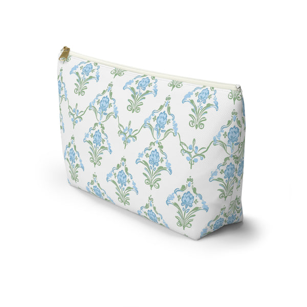 Preppy Block Print Blue and Green - Accessory Zip Pouch Available in Two Sizes - White canvas laminated interior, Grand Millennial style