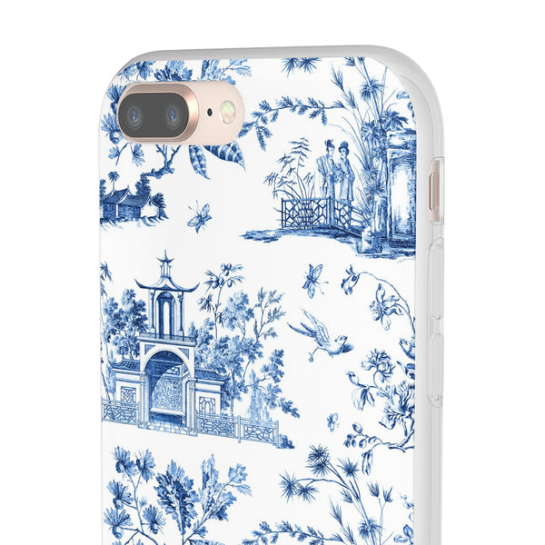 Flexible Phone Case - Chinoiserie Blue and White Toile Pagoda iPhone Samsung, White Background with Blue Toile Pattern