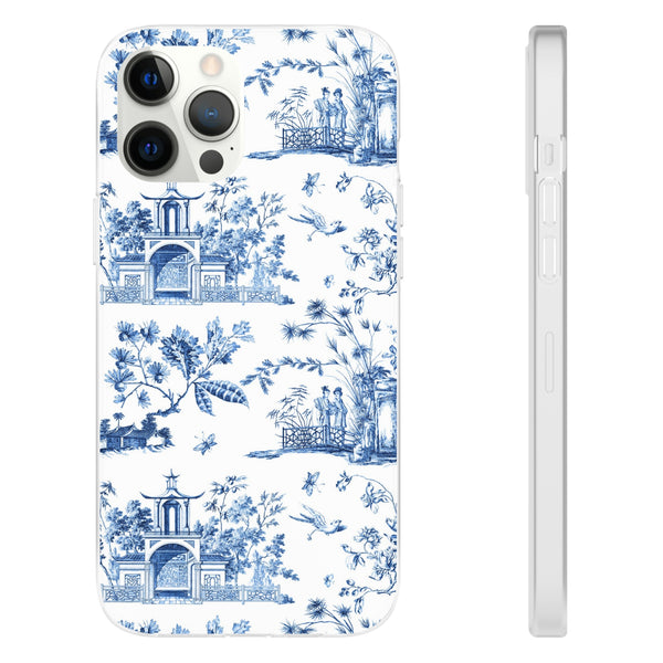 Flexible Phone Case - Chinoiserie Blue and White Toile Pagoda iPhone Samsung, White Background with Blue Toile Pattern