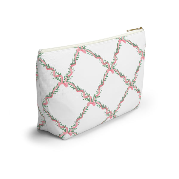 Zipper Pouch, Preppy Lattice Pink Bows - Accessory Bag Available in Two Sizes