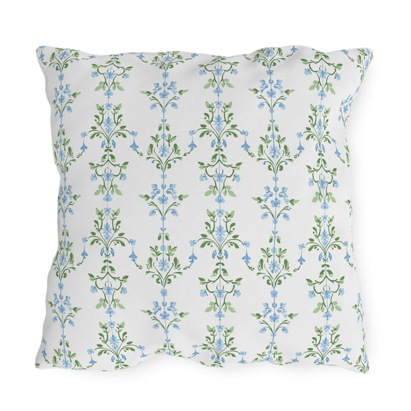 Blue Preppy Floral Outdoor Pillows, Grand Millennial Design, Block Print, Patio Cushion Covers, Choose from 4 Sizes