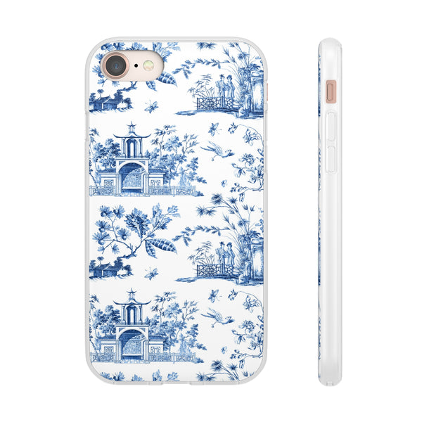 Flexible Phone Case - Chinoiserie Blue and White Toile Pagoda iPhone Samsung, White Background with Blue Toile Pattern