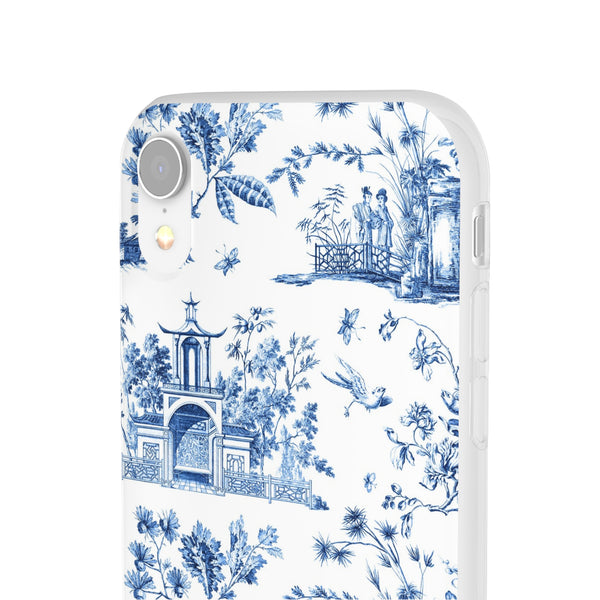 Flexible Phone Case - Chinoiserie Blue and White Toile Pagoda iPhone Samsung, White Background with Blue Toile Pattern