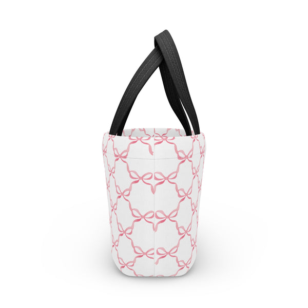 Preppy Pink Bows lunch bag, insulated, cooler bag, One size, washable, magnet closure, Choose White or Black Handle