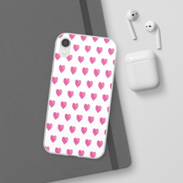 Flexible Phone Case - Preppy Hearts Watercolor Pink - Clear Shell pink Hearts - your case color will show through