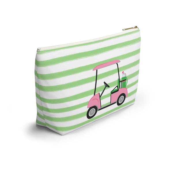 Golf Cart - Preppy Stripes Accessory Zip Pouch Available in Two Sizes - White Canvas, gold zipper Golf lover gift, Golf team gift