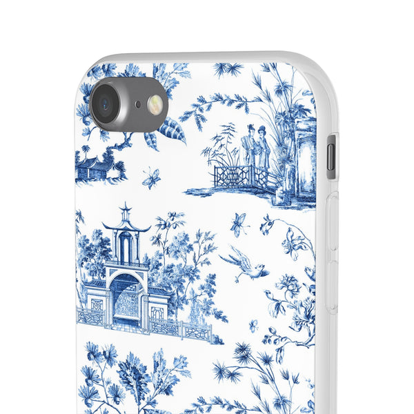 Flexible Phone Case - Chinoiserie Blue and White Toile Pagoda iPhone Samsung, White Background with Blue Toile Pattern