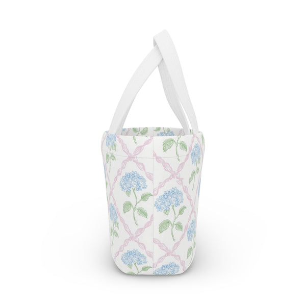 Preppy Blue Hydrangea pink ribbon lattice lunch bag, insulated, cooler bag, One size, washable, magnet closure
