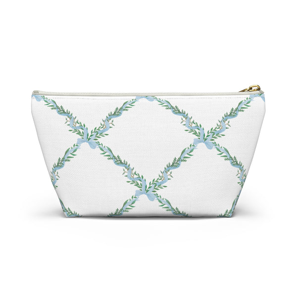 Zipper Pouch, Preppy Lattice Blue Bows - Accessory Bag Available in Two Sizes