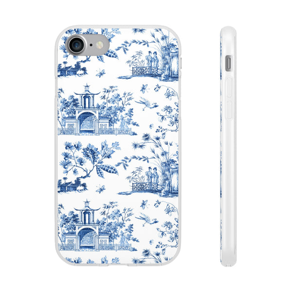 Flexible Phone Case - Chinoiserie Blue and White Toile Pagoda iPhone Samsung, White Background with Blue Toile Pattern