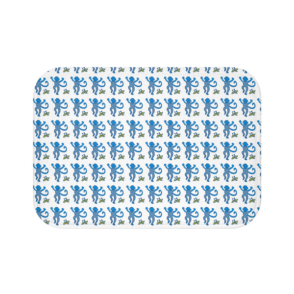 Bath Mat Chinoiserie Preppy Monkeys Blue Pattern, two sizes, anti-slip back