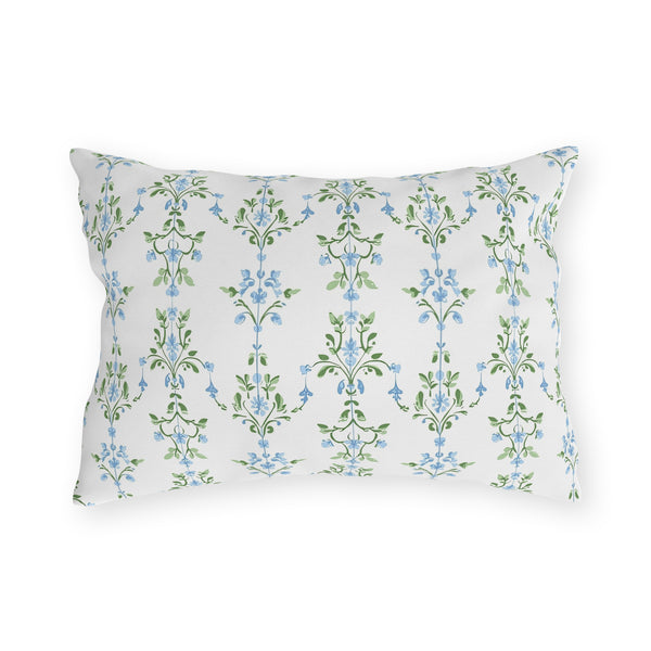 Blue Preppy Floral Outdoor Pillows, Grand Millennial Design, Block Print, Patio Cushion Covers, Choose from 4 Sizes