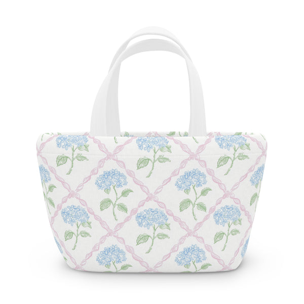 Preppy Blue Hydrangea pink ribbon lattice lunch bag, insulated, cooler bag, One size, washable, magnet closure
