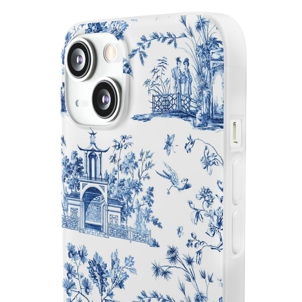 Flexible Phone Case - Chinoiserie Blue and White Toile Pagoda iPhone Samsung, White Background with Blue Toile Pattern