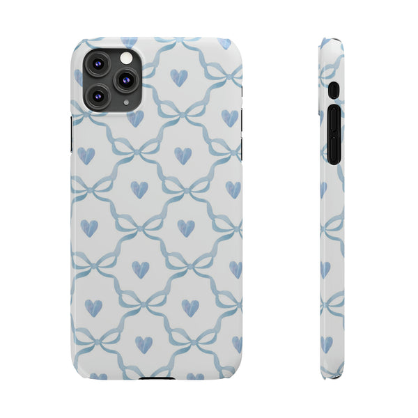 Bow and Heart Collab Print, Coquette blue and white, loveshackfancy inspired, preppy print Phone Case, all iPhone 15 14 Plus Pro Max 13