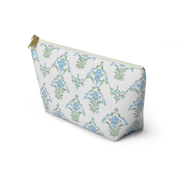 Preppy Block Print Blue and Green - Accessory Zip Pouch Available in Two Sizes - White canvas laminated interior, Grand Millennial style