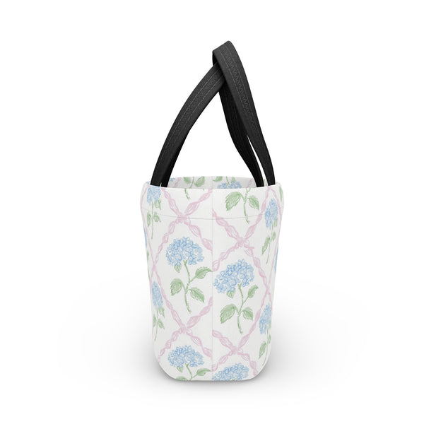 Preppy Blue Hydrangea pink ribbon lattice lunch bag, insulated, cooler bag, One size, washable, magnet closure