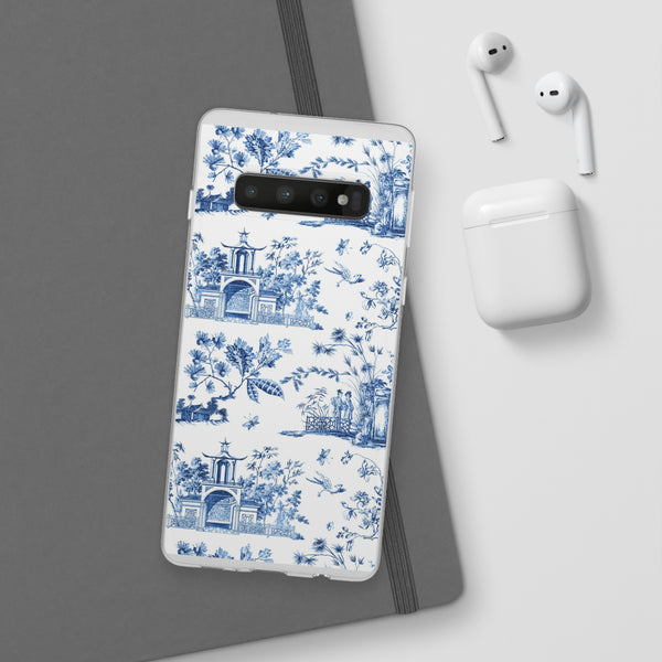 Flexible Phone Case - Chinoiserie Blue and White Toile Pagoda iPhone Samsung, White Background with Blue Toile Pattern