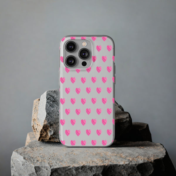 Flexible Phone Case - Preppy Hearts Watercolor Pink - Clear Shell pink Hearts - your case color will show through