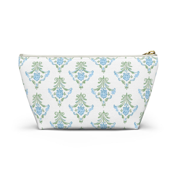 Preppy Block Print Blue and Green - Accessory Zip Pouch Available in Two Sizes - White canvas laminated interior, Grand Millennial style
