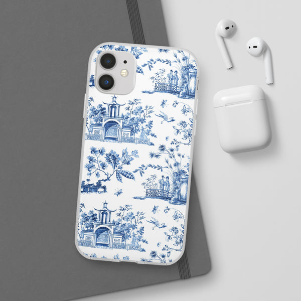 Flexible Phone Case - Chinoiserie Blue and White Toile Pagoda iPhone Samsung, White Background with Blue Toile Pattern