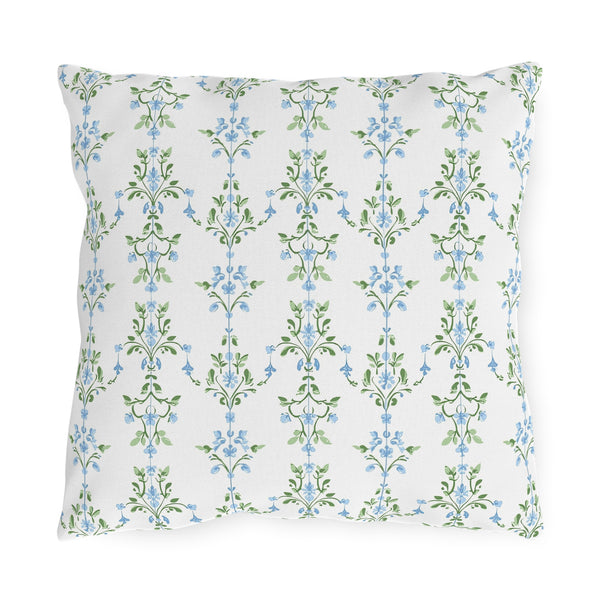 Blue Preppy Floral Outdoor Pillows, Grand Millennial Design, Block Print, Patio Cushion Covers, Choose from 4 Sizes