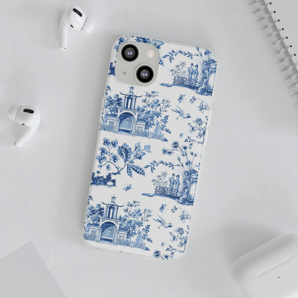 Flexible Phone Case - Chinoiserie Blue and White Toile Pagoda iPhone Samsung, White Background with Blue Toile Pattern