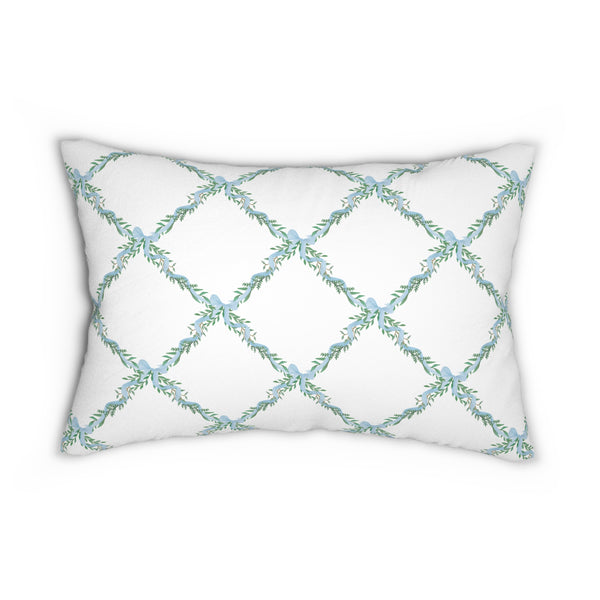 Decorative Lumbar Pillow Lattice Floral Blue Bow,  Preppy Accent with insert , 14" x 20"