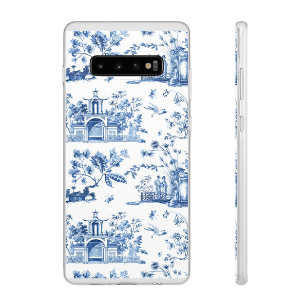 Flexible Phone Case - Chinoiserie Blue and White Toile Pagoda iPhone Samsung, White Background with Blue Toile Pattern