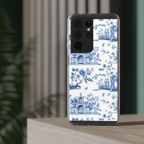 Flexible Phone Case - Chinoiserie Blue and White Toile Pagoda iPhone Samsung, White Background with Blue Toile Pattern