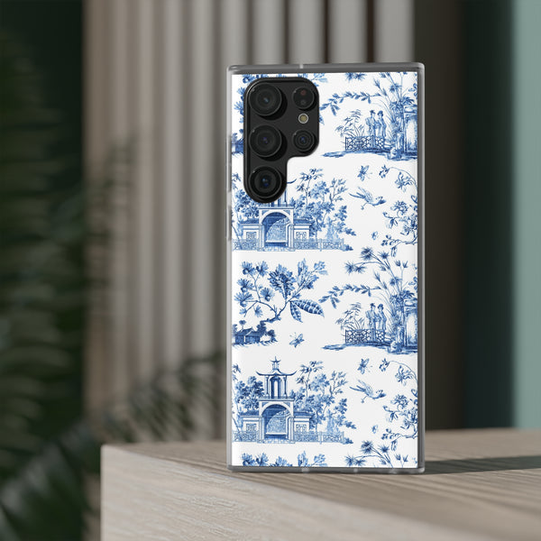 Flexible Phone Case - Chinoiserie Blue and White Toile Pagoda iPhone Samsung, White Background with Blue Toile Pattern