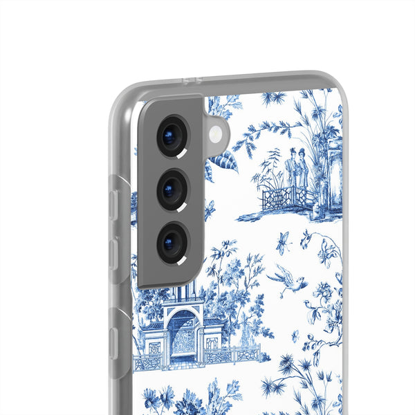 Flexible Phone Case - Chinoiserie Blue and White Toile Pagoda iPhone Samsung, White Background with Blue Toile Pattern