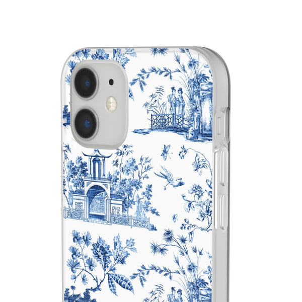 Flexible Phone Case - Chinoiserie Blue and White Toile Pagoda iPhone Samsung, White Background with Blue Toile Pattern