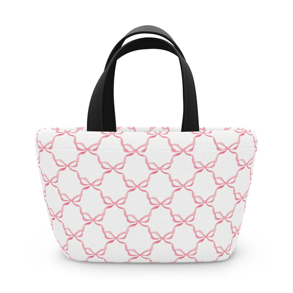 Preppy Pink Bows lunch bag, insulated, cooler bag, One size, washable, magnet closure, Choose White or Black Handle