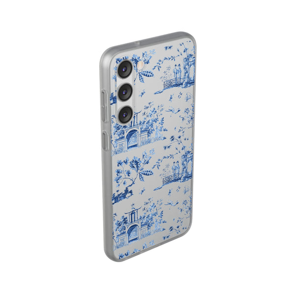 Flexible Phone Case - Chinoiserie Blue and White Toile Pagoda iPhone Samsung, White Background with Blue Toile Pattern